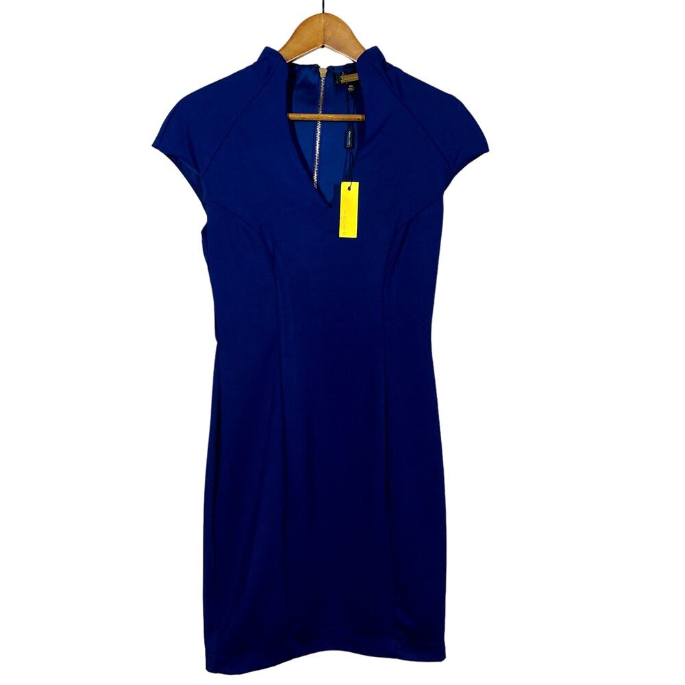 NEW! Alexia Admor Cap Sleeve Sheath Dress Fitted Navy Gold V NEck - XS